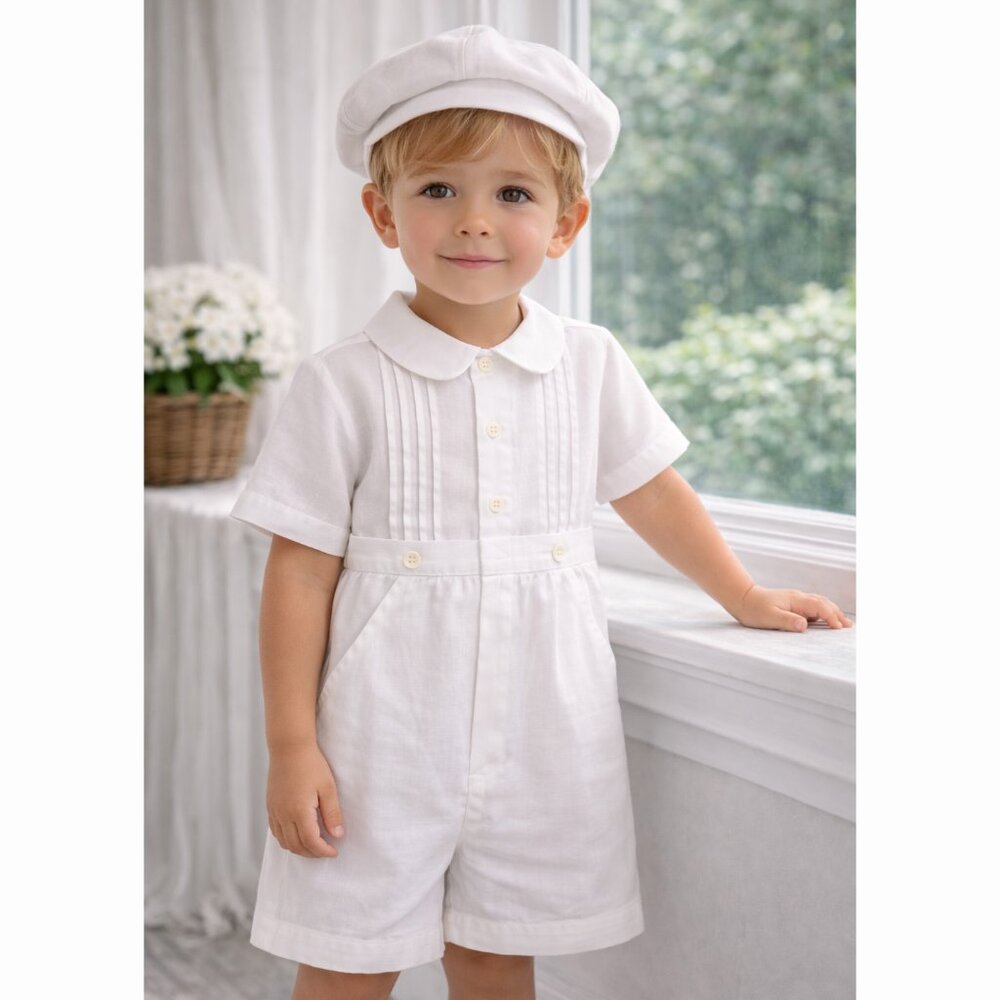 White Linen Dressy Romper & Hat Boutique Boy Special Occasion 3/6 Month New